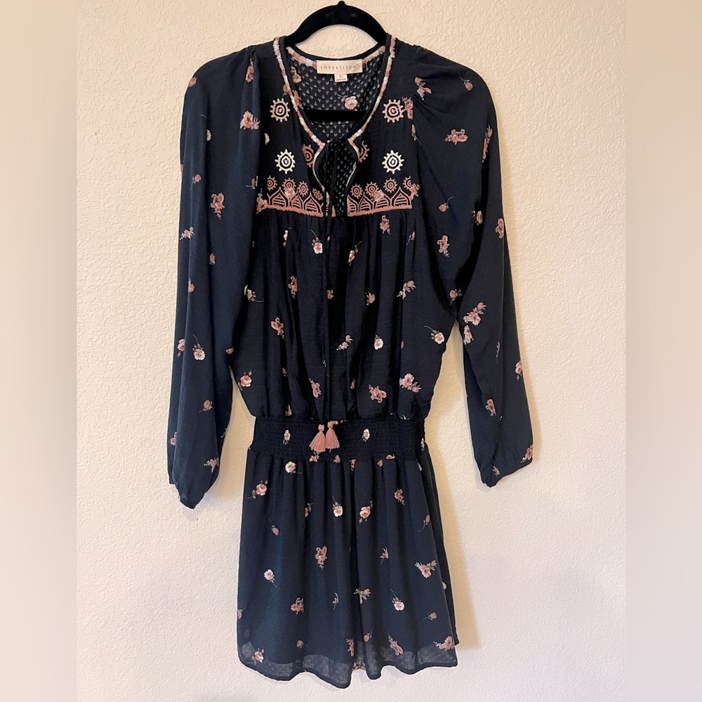 Lovestitch boho embroidered mini dress, cinched waist with tassel tie details.